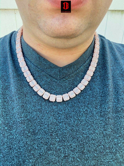 Men's Paved 11mm Baguette Tennis Chain Rose Gold Over Real 925 Silver 18" Choker - 30" (ROSE GOLD)
