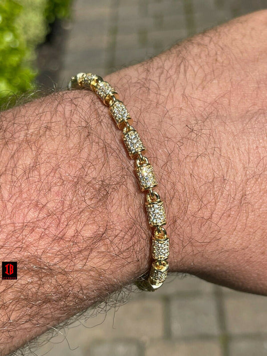 Men's Barrel Bracelet 14k Gold Over Solid 925 Silver Iced Flooded Out Hip Hop