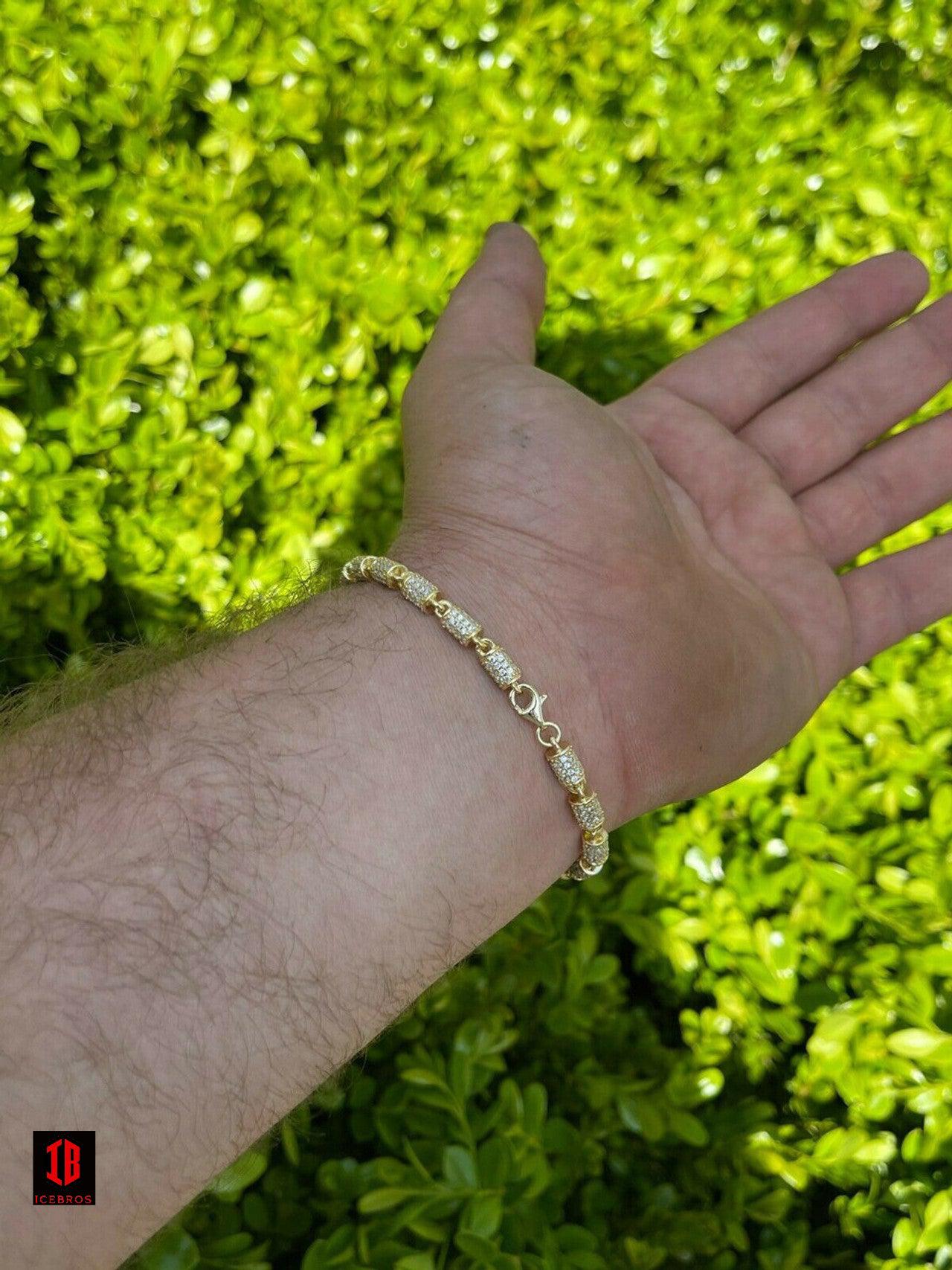 Men's Barrel Bracelet 14k Gold Over Solid 925 Silver Iced Flooded Out Hip Hop