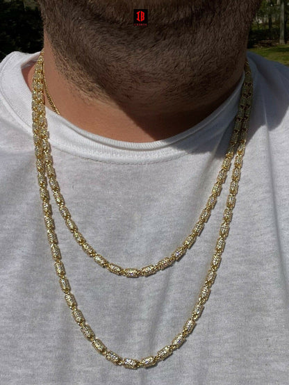 Mens Barrel Chain 14k Gold & Solid 925 Silver Iced Flooded Out Hip Hop Necklace (White Gold Plated)