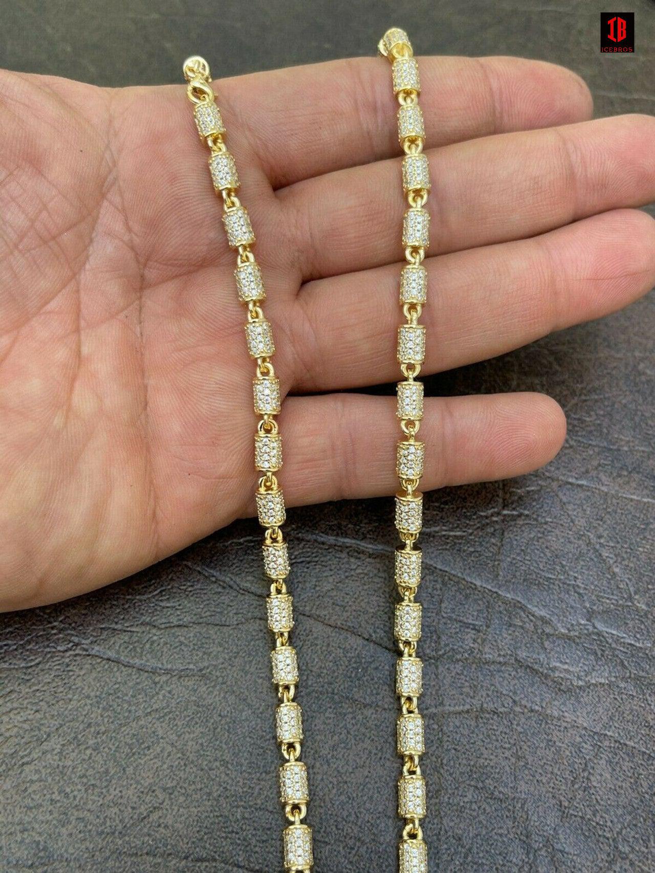 Mens Barrel Chain 14k Gold & Solid 925 Silver Iced Flooded Out Hip Hop Necklace (Yellow Gold Plated)
