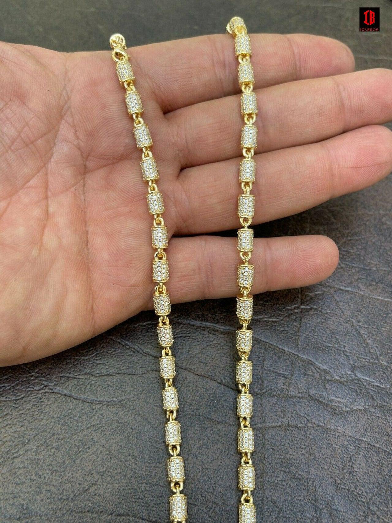 Mens Barrel Chain 14k Gold & Solid 925 Silver Iced Flooded Out Hip Hop Necklace (White Gold Plated)