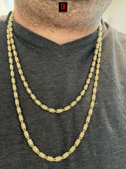 Mens Barrel Chain 14k Gold & Solid 925 Silver Iced Flooded Out Hip Hop Necklace (White Gold Plated)