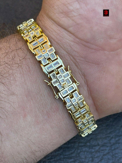 Mens Bracelet 14k Gold Vermeil 925 Sterling Silver Iced Baguette Diamond Hip Hop