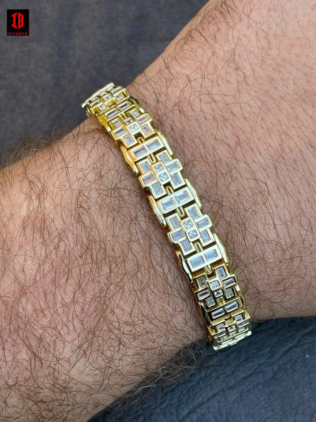 Mens Bracelet 14k Gold Vermeil 925 Sterling Silver Iced Baguette Diamond Hip Hop