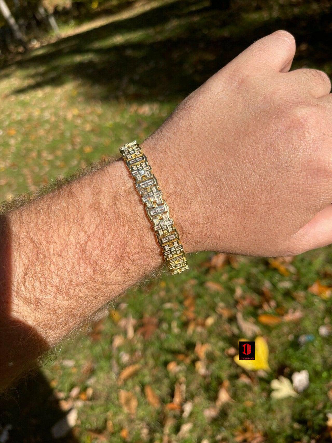 Mens Bracelet White Gold Vermeil 925 Sterling Silver Iced Baguette Diamond Hip Hop