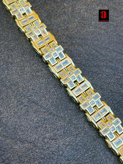 Mens Bracelet 14k Gold Vermeil 925 Sterling Silver Iced Baguette Diamond Hip Hop