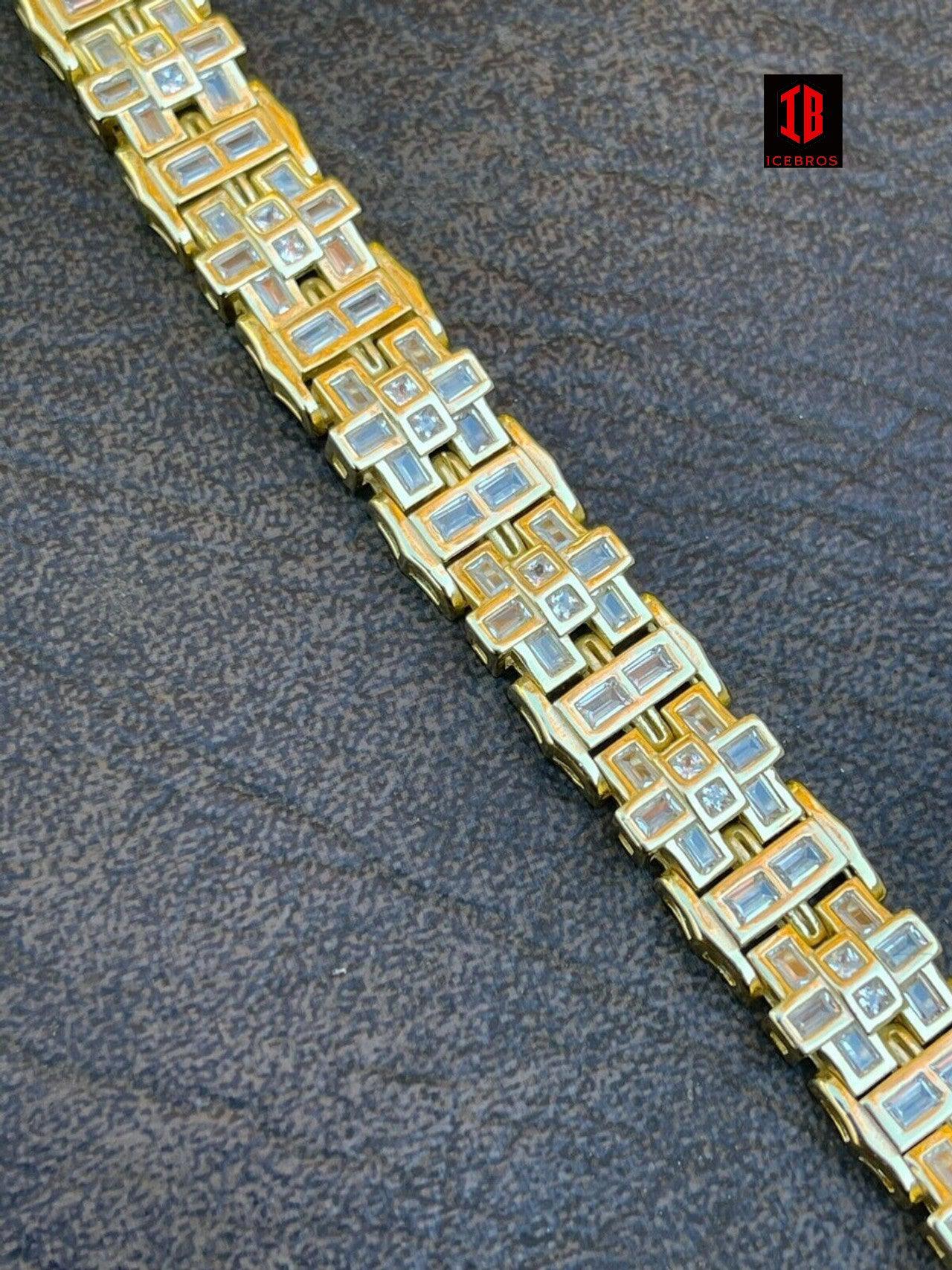 Mens Bracelet White Gold Vermeil 925 Sterling Silver Iced Baguette Diamond Hip Hop