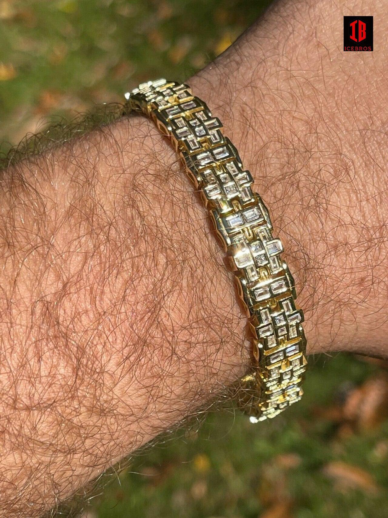 Mens Bracelet White Gold Vermeil 925 Sterling Silver Iced Baguette Diamond Hip Hop