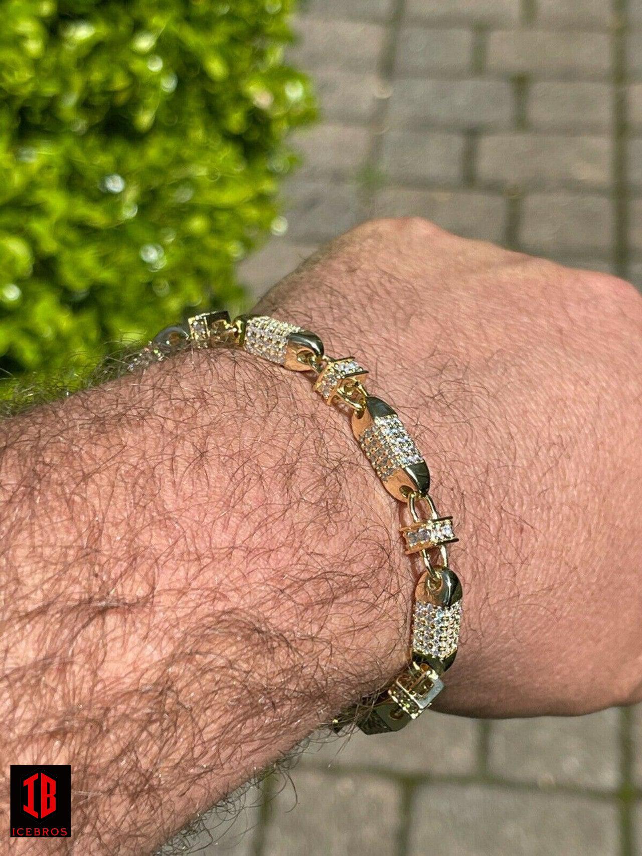 Men's Bullet Bracelet 14k Gold Over Solid 925 Silver Iced Flooded Out Hip Hop