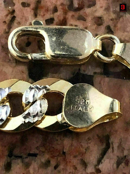 Real Solid 925 Sterling Silver & 14k Gold Diamond Cut Flat Miami Cuban Bracelet (3-11mm)