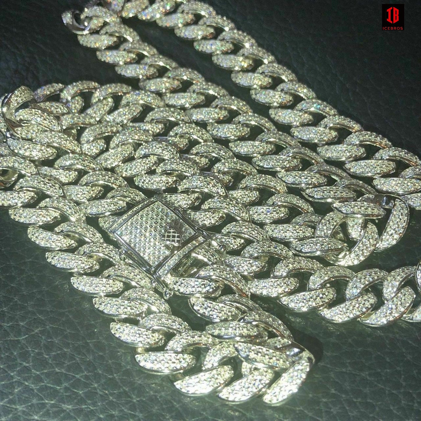 WHITE GOLD Mens Cuban Miami Link 12mm Chain 925 Silver 40-60ct Man Made Diamonds 18-30inch