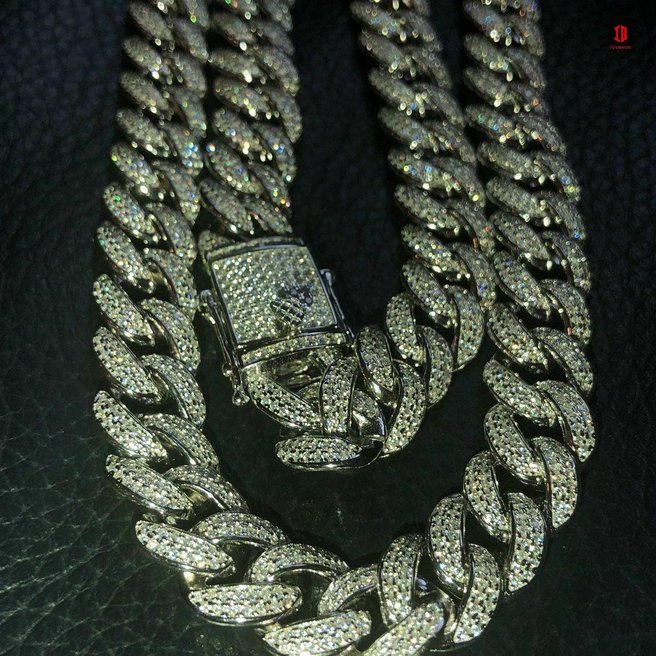 YELLOW GOLD Mens Cuban Miami Link 12mm Chain 925 Silver 40-60ct Man Made Diamonds 18-30inch