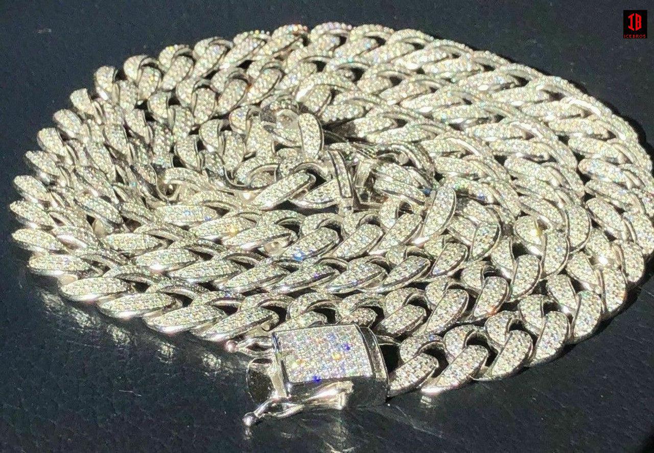 WHITE GOLD Mens Cuban Miami Link 12mm Chain 925 Silver 40-60ct Man Made Diamonds 18-30inch