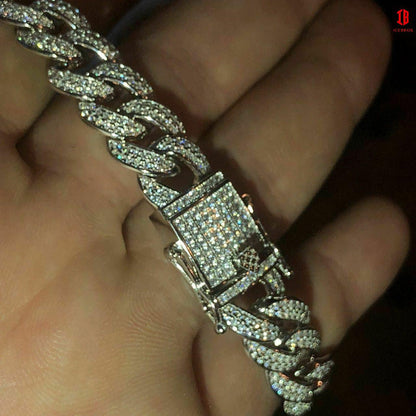 TRI-TONE GOLD Mens Cuban Miami Link 12mm Chain 925 Silver 40-60ct Man Made Diamonds 18-30inch