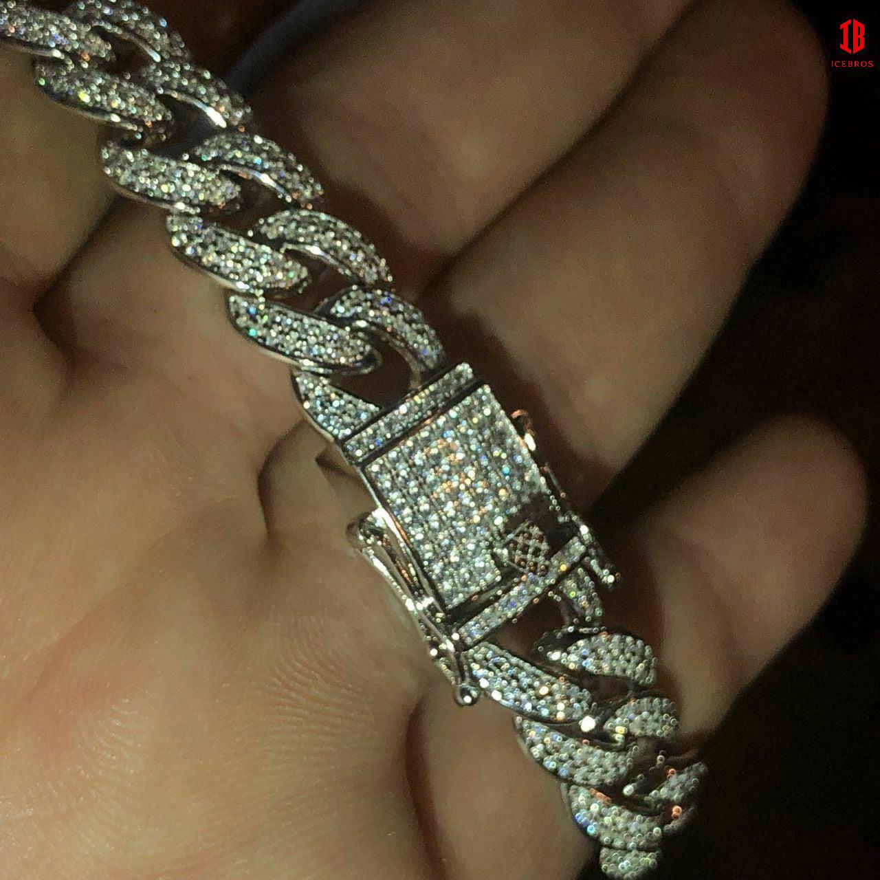 WHITE GOLD Mens Cuban Miami Link 12mm Chain 925 Silver 40-60ct Man Made Diamonds 18-30inch