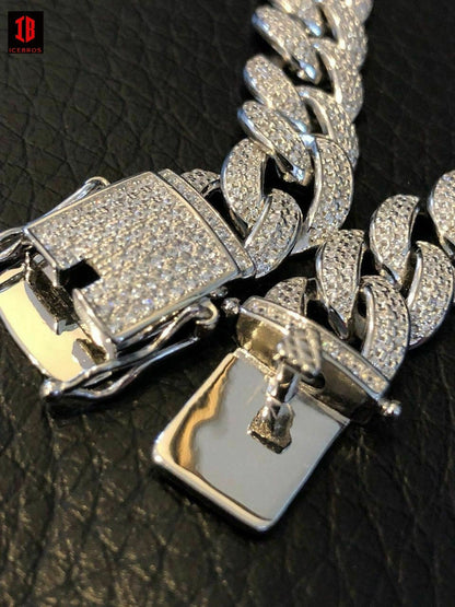 WHITE GOLD Mens Cuban Miami Link 12mm Chain 925 Silver 40-60ct Man Made Diamonds 18-30inch