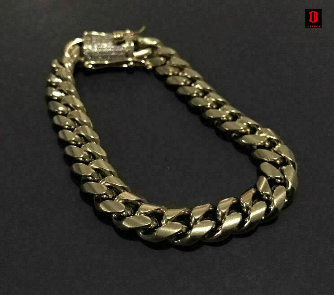 (10MM) Miami Cuban Link Bracelet 1ct Diamond Clasp 14k 18k Gold Plated Stainless Steel