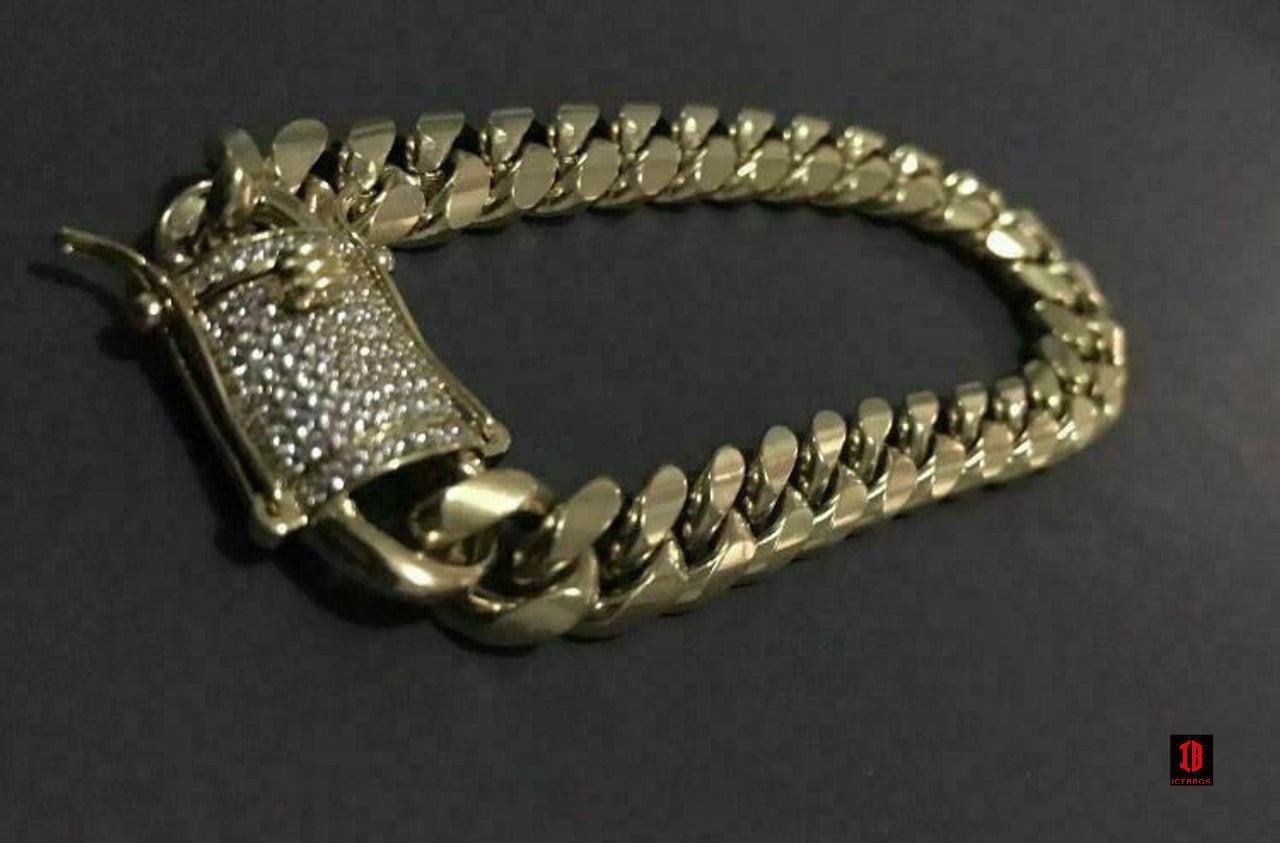(10MM) Miami Cuban Link Bracelet 1ct Diamond Clasp 14k 18k Gold Plated Stainless Steel