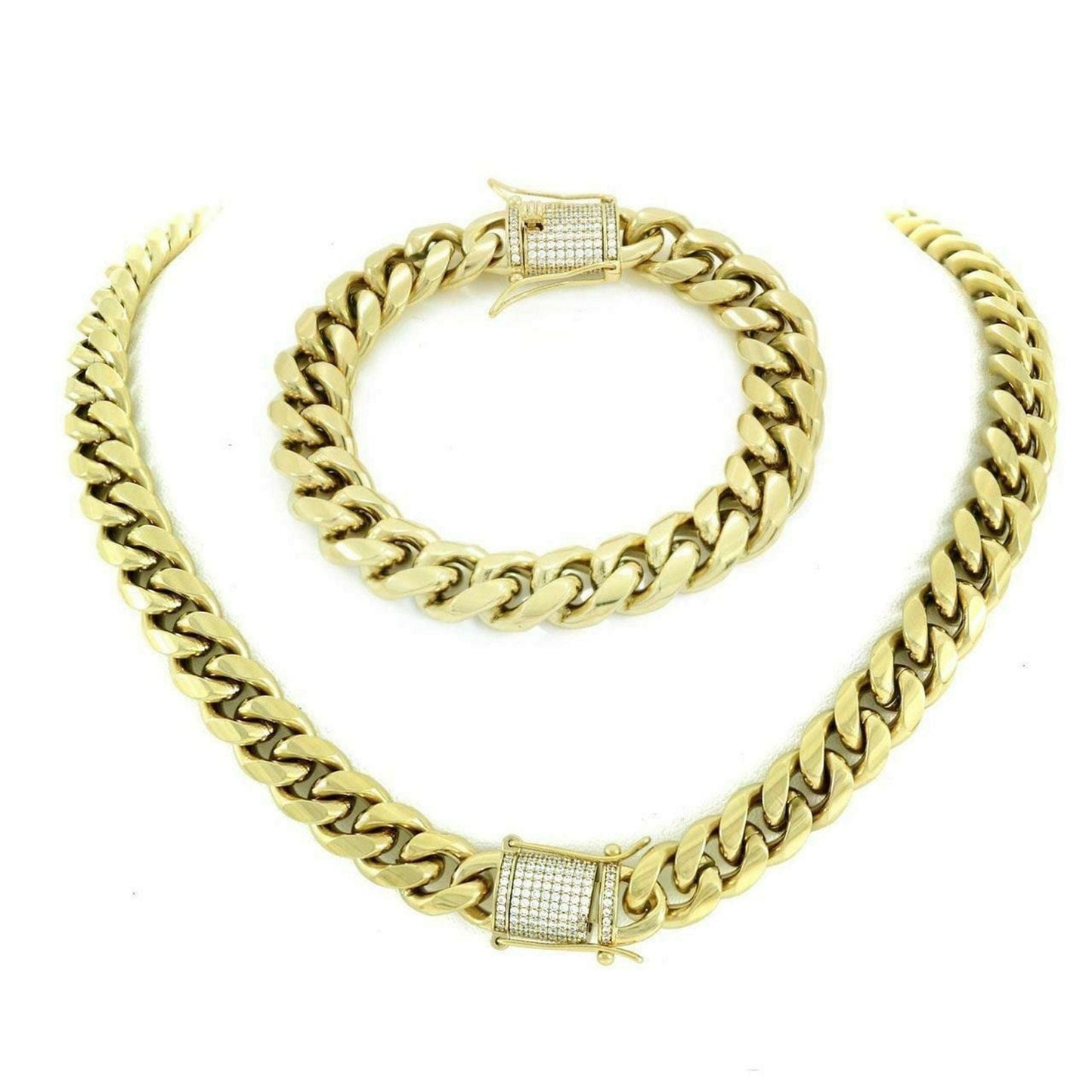 (14MM) 14K-18K Gold Plated Stainless Steel Cuban Link Chain CZ Diamond Lock 8-14MM