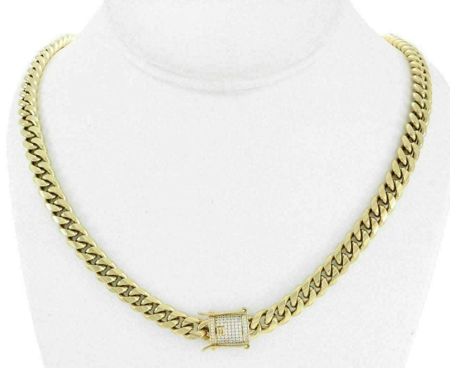 (10MM) 14K-18K Gold Plated Stainless Steel Cuban Link Chain CZ Diamond Lock 8-14MM