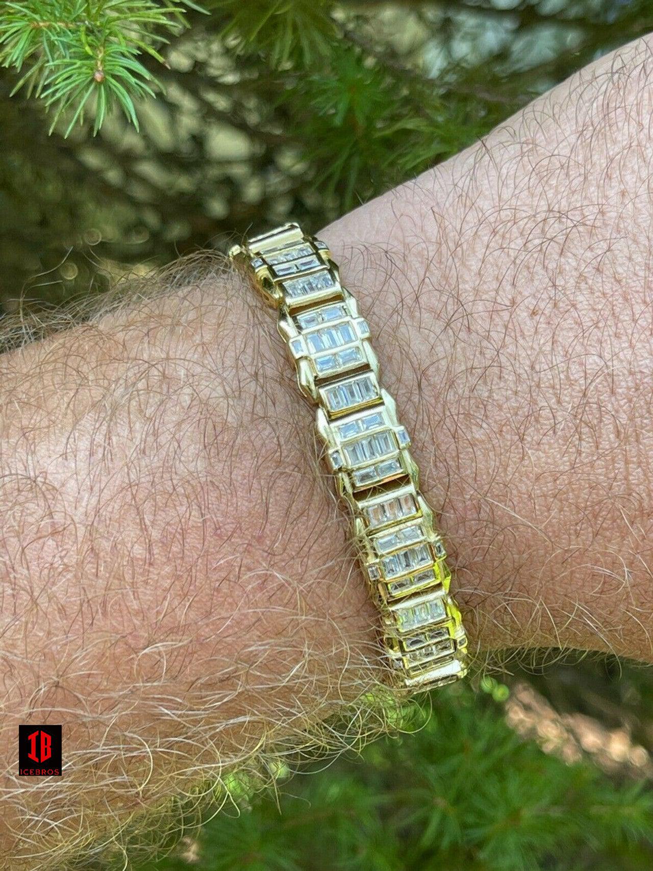 Mens Custom 14K Gold Vermeil Real 925 Silver Bracelet Iced Baguette Diamond Out