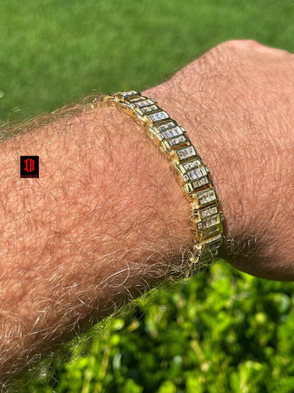 Mens Custom 14K Gold Vermeil Real 925 Silver Bracelet Iced Baguette Diamond Out