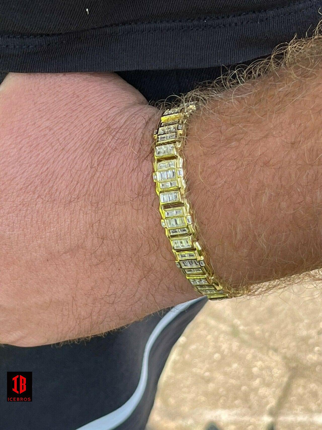 Mens Custom 14K Gold Vermeil Real 925 Silver Bracelet Iced Baguette Diamond Out