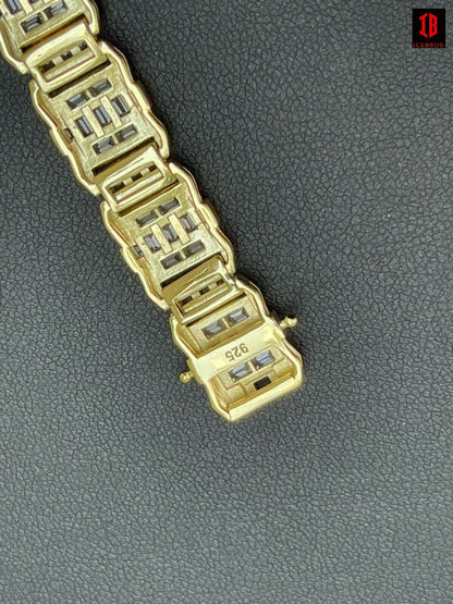 Mens Custom 14K Gold Vermeil Real 925 Silver Bracelet Iced Baguette Diamond Out