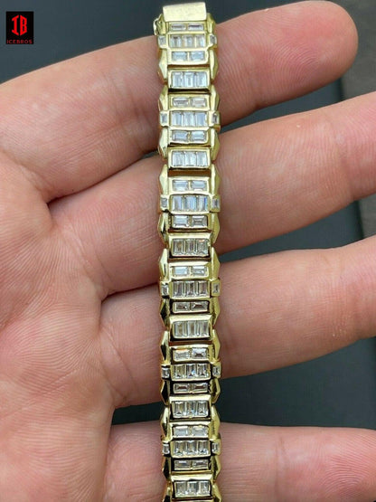 Mens Custom WHITE Gold Vermeil Real 925 Silver Bracelet Iced Baguette Diamond Out