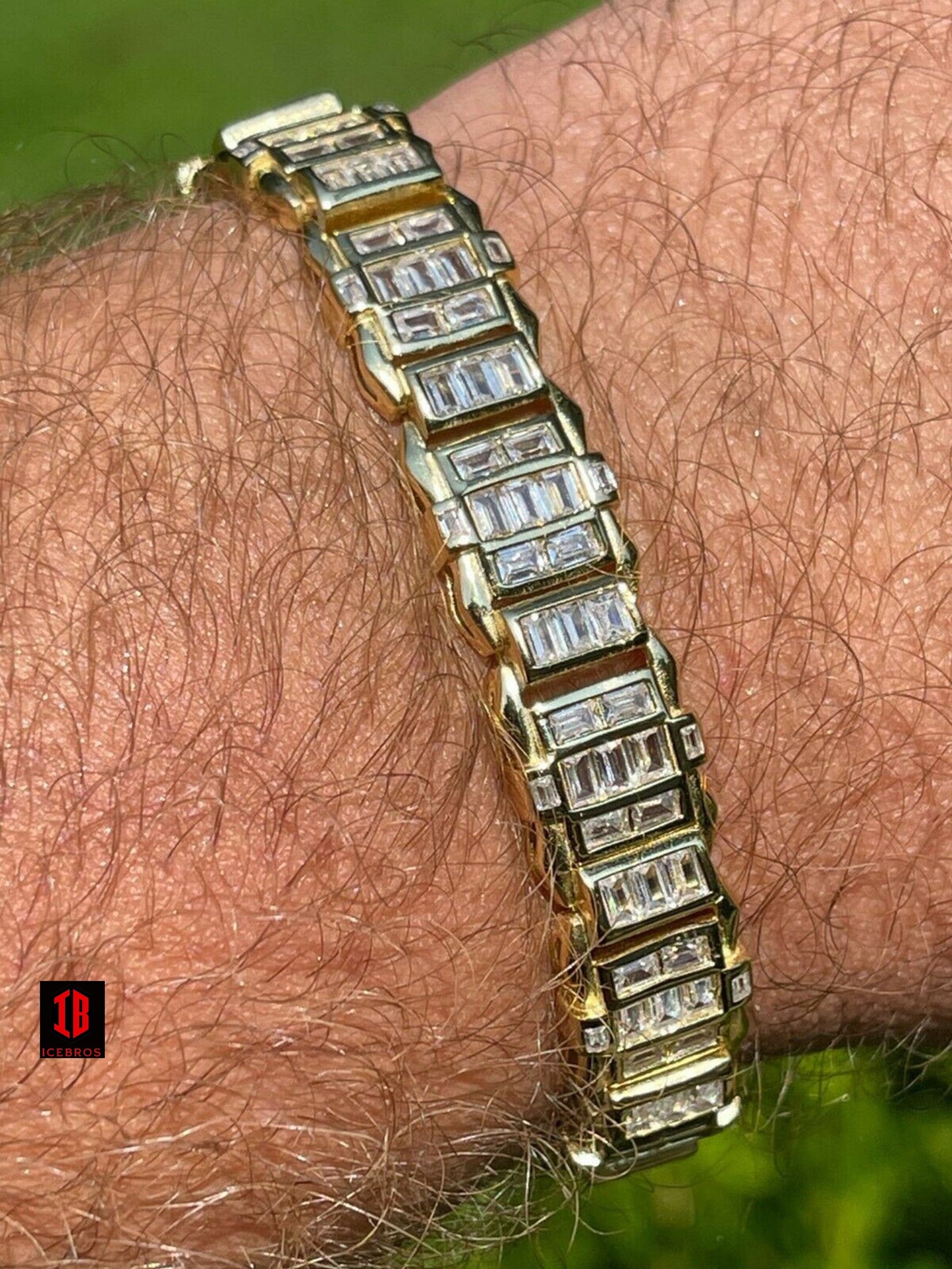 Mens Custom 14K Gold Vermeil Real 925 Silver Bracelet Iced Baguette Diamond Out