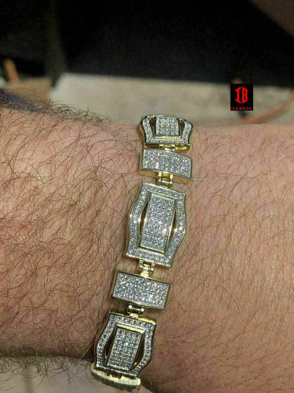 Mens Custom Bracelet WHITE GOLD Gold Over Solid 925 Silver 10ct Manmade Diamonds
