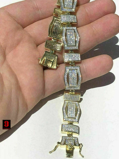 Mens Custom Bracelet 14k Yellow Gold Over Solid 925 Silver 10ct Manmade Diamonds