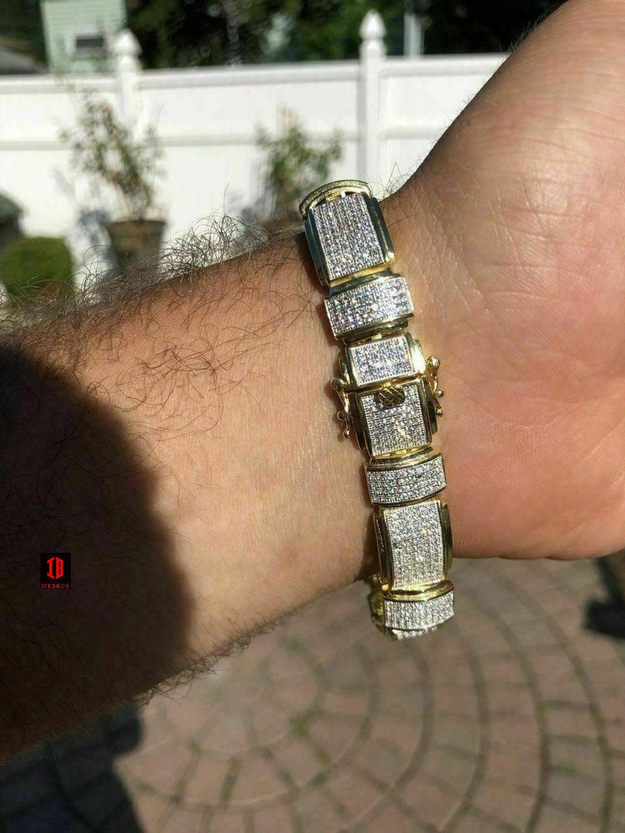 WHITE GOLD Mens Real Solid 925 Sterling Silver Iced HipHop Custom Flooded Out Bracelet 12mm