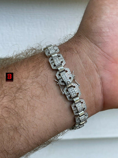 Men’s Custom Square Link 14k Gold Vermeil Real 925 Sterling Silver Bracelet Iced