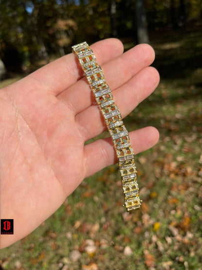 Mens Custom Link Bracelet Real 14k Gold Vermeil Silver Iced Baguette Out Diamond