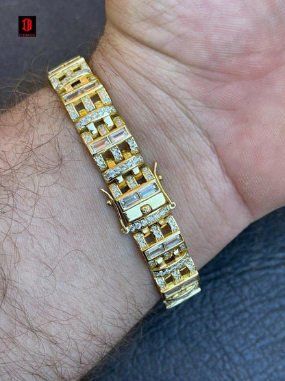 Mens Custom Link Bracelet Real WHITE Gold Vermeil Silver Iced Baguette Out Diamond