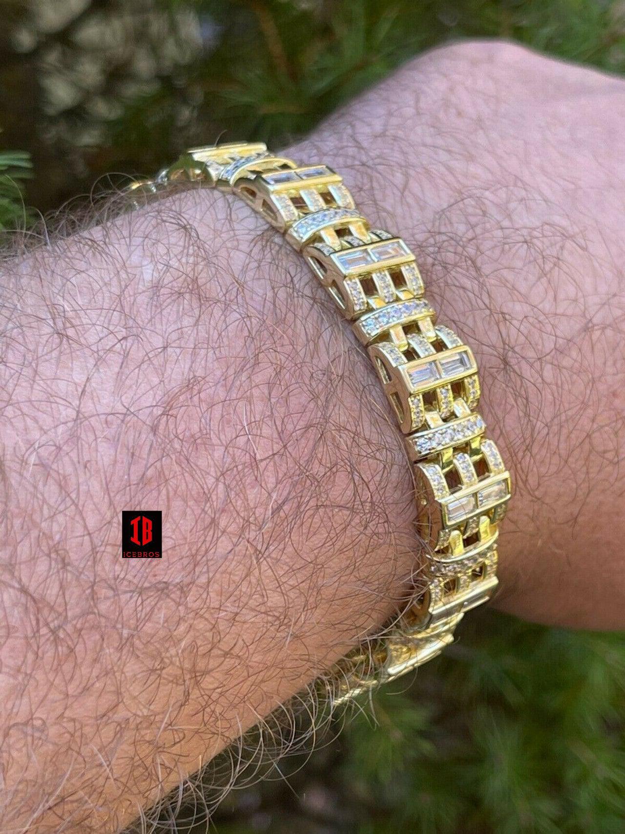 Mens Custom Link Bracelet Real WHITE Gold Vermeil Silver Iced Baguette Out Diamond