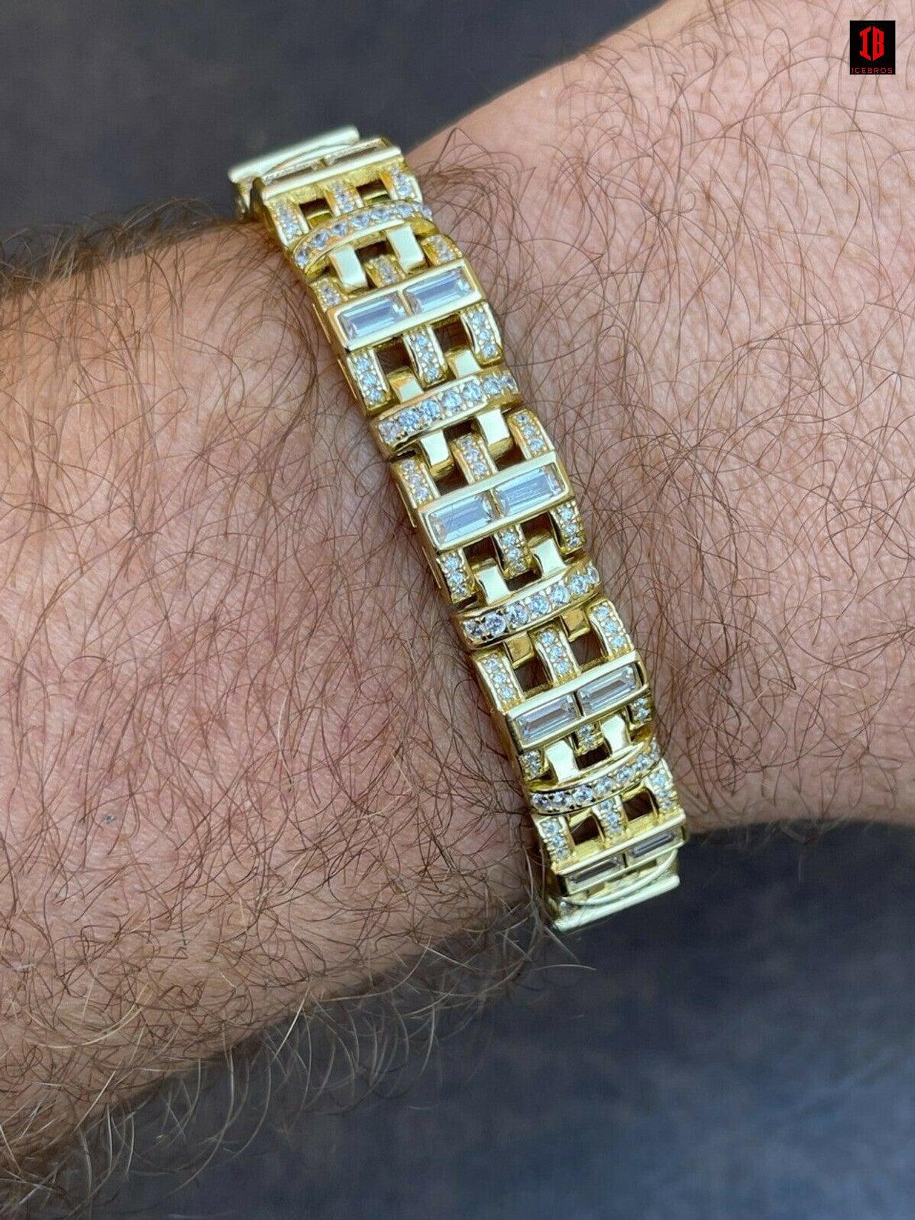 Mens Custom Link Bracelet Real WHITE Gold Vermeil Silver Iced Baguette Out Diamond