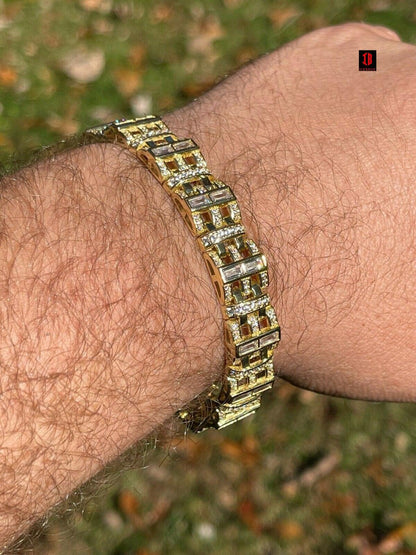 Mens Custom Link Bracelet Real WHITE Gold Vermeil Silver Iced Baguette Out Diamond