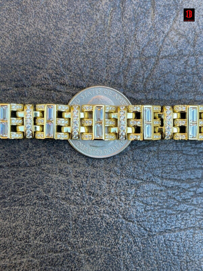 Mens Custom Link Bracelet Real WHITE Gold Vermeil Silver Iced Baguette Out Diamond