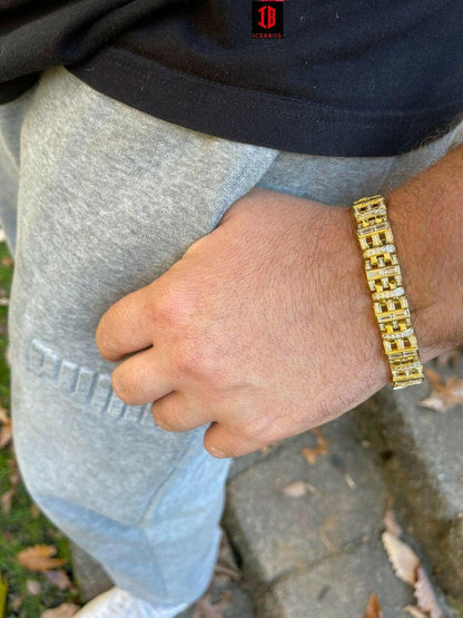 Mens Custom Link Bracelet Real WHITE Gold Vermeil Silver Iced Baguette Out Diamond