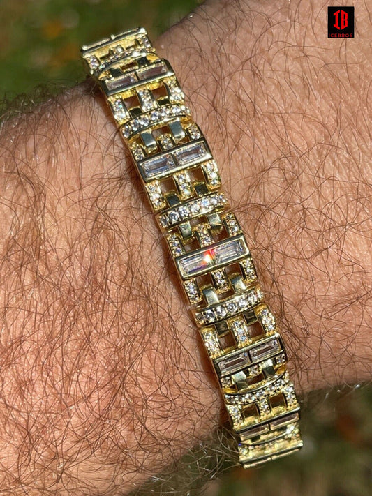 Mens Custom Link Bracelet Real 14k Gold Vermeil Silver Iced Baguette Out Diamond