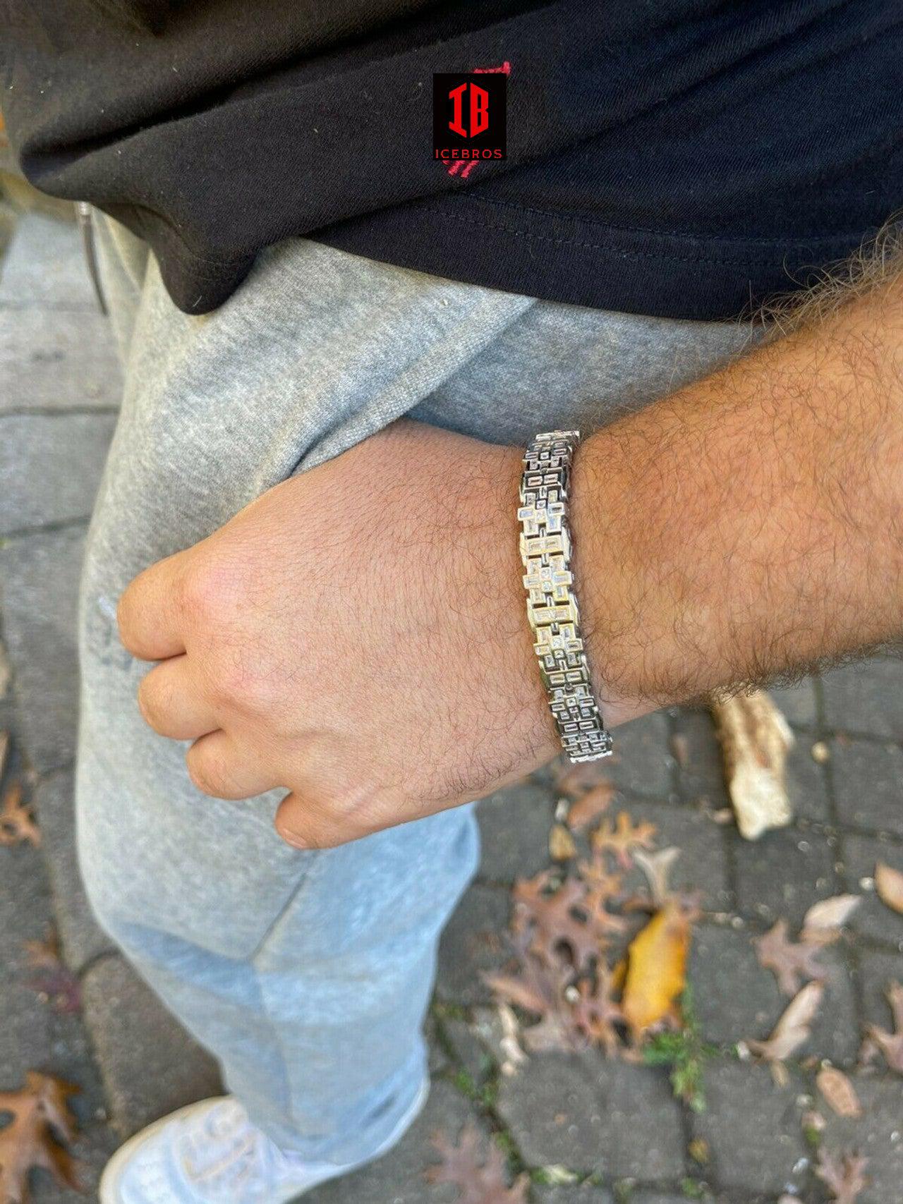 Mens Bracelet 14k Gold Vermeil 925 Sterling Silver Iced Baguette Diamond Hip Hop