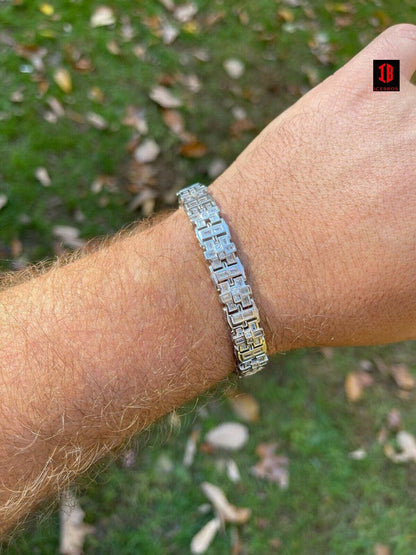 Mens Bracelet White Gold Vermeil 925 Sterling Silver Iced Baguette Diamond Hip Hop