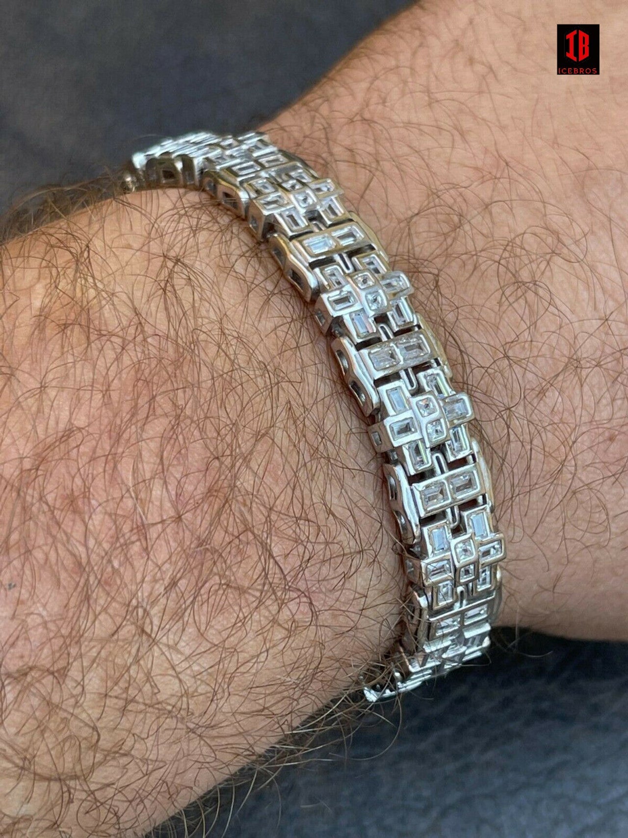 Mens Bracelet White Gold Vermeil 925 Sterling Silver Iced Baguette Diamond Hip Hop