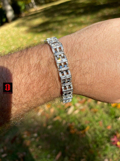 Mens Custom Link Bracelet Real WHITE Gold Vermeil Silver Iced Baguette Out Diamond