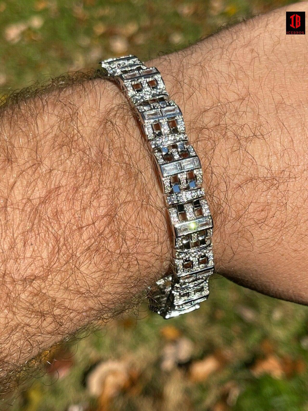 Mens Custom Link Bracelet Real WHITE Gold Vermeil Silver Iced Baguette Out Diamond