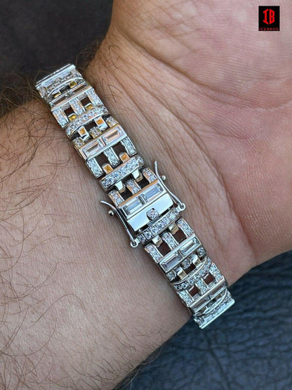 Mens Custom Link Bracelet Real WHITE Gold Vermeil Silver Iced Baguette Out Diamond