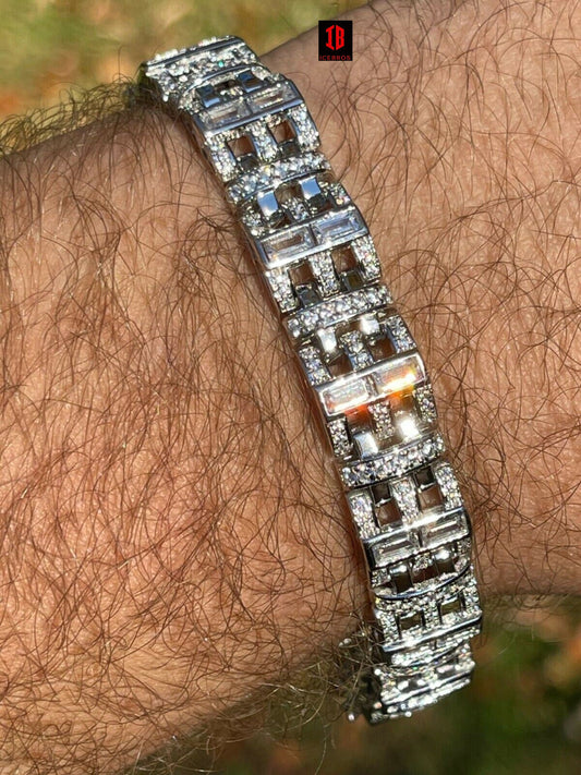 Mens Custom Link Bracelet Real WHITE Gold Vermeil Silver Iced Baguette Out Diamond